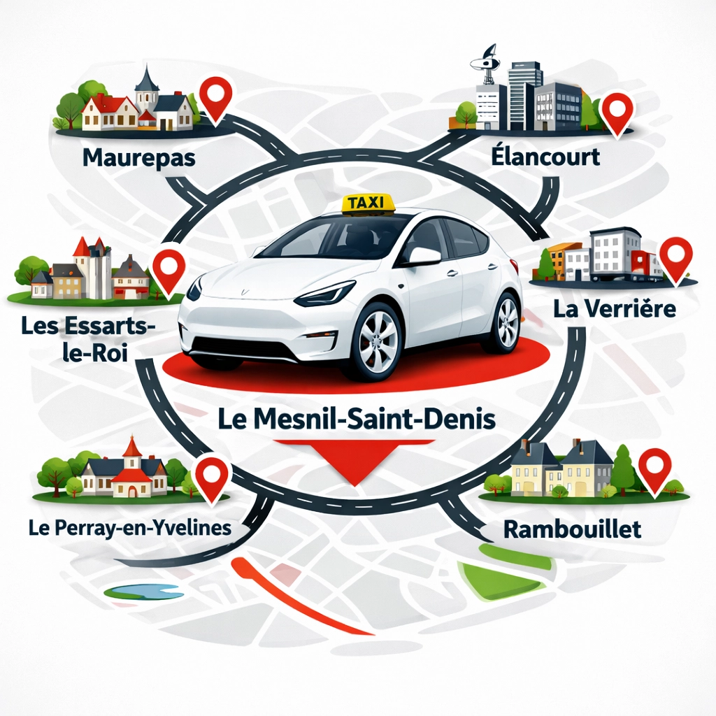 Carte des zones desservies par le taxi du Mesnil-Saint-Denis : Maurepas, Élancourt, La Verrière, Les Essarts-le-Roi, Rambouillet et Le Perray-en-Yvelines