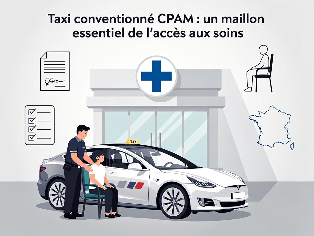 Taxi conventionné CPAM transport assis professionnalisé accompagnant un patient vers un établissement de santé en France